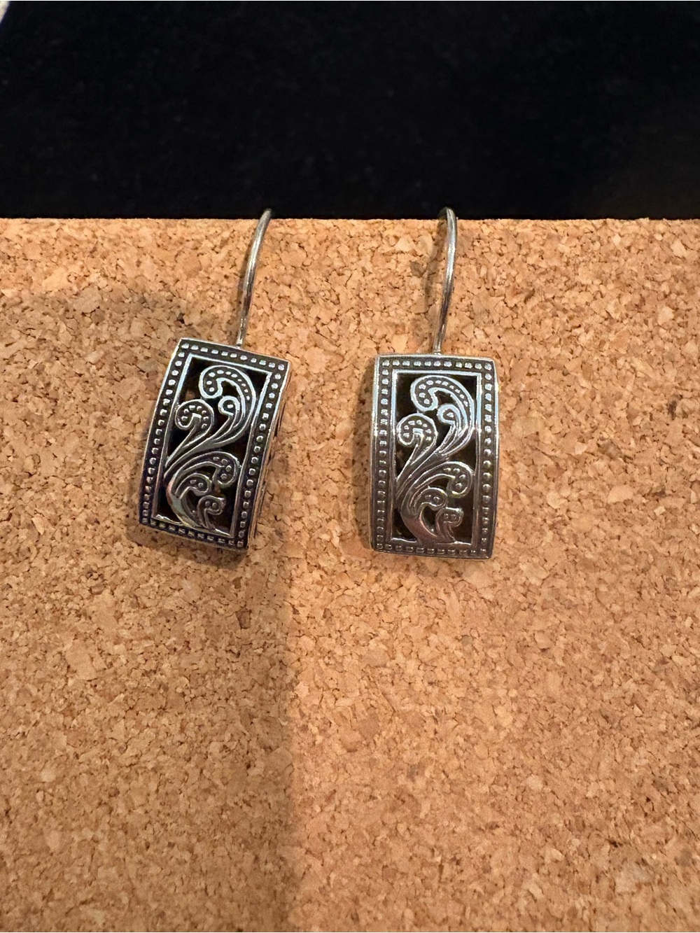 Silver Floral Scroll Rectangular Drop Earrings